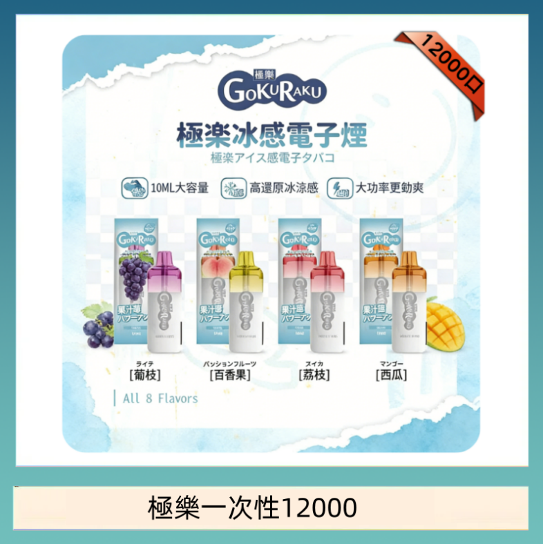 【8種口味】極楽 12000口一次性電子煙|超大容量 |口感絲滑|新品